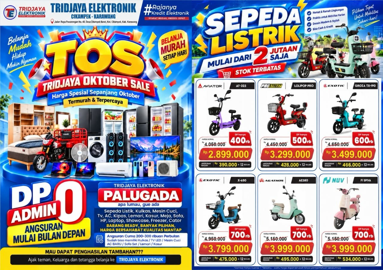 Tridjaya Elektronik Cikampek Hadirkan Promo Oktober, Solusi Kebutuhan Rumah Tangga Warga Karawang.